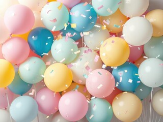 Pastel colored confetti swirling in the air amidst a cluster of colorful balloons, joyful decor, birthday party, party decorations