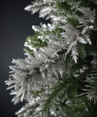 Sparkling silver tinsel wrapping around a bare Christmas tree branch, tree trimming, festive foliage