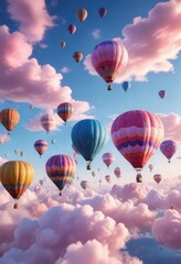 Fototapeta premium Soft pink clouds float gently above a vibrant blue sky filled with numerous colorful hot air balloons , serene, clouds, floating