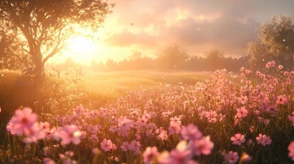 Obraz premium Sunset illuminates pink cosmos flowers in a field near a tree