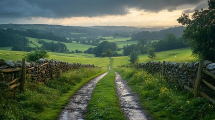 Scenic Countryside Path Winding Through Rolling Green Hills and Lush Foliage at Sunset