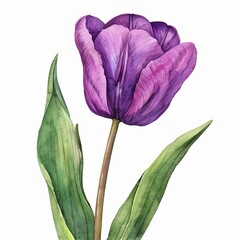 Watercolor Purple Tulip Isolated on White Background. Beautiful Tulip Flower