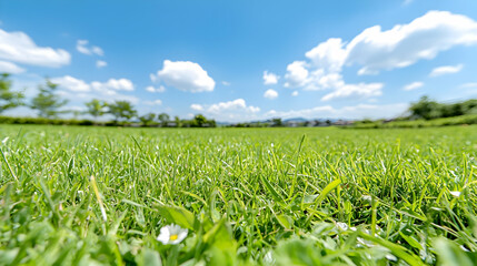 Lush green grass park sunny day; clear sky, distant houses