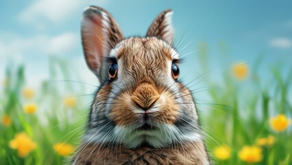 Fototapeta premium Adorable rabbit portrait with vivid greenery and flowers in background, evoking feelings of spring and nature
