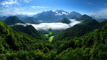 Naklejka premium Mountain valley sunrise, mist, alpine landscape, scenic view, nature photography