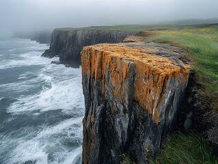 Dramatic Cliffs Overlooking the Rugged Coastline in Moody Foggy Weather