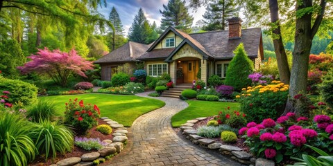 Obraz premium A serene house with a lush green garden and vibrant flowers, surrounded by tall trees and a winding stone path leading to the front door , garden path, outdoor