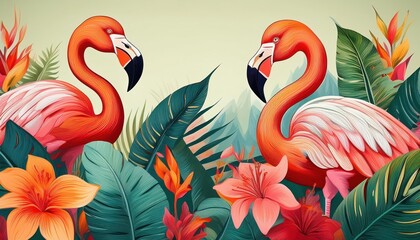 Vibrant Tropical Paradise A Stunning Display of Exotic Flowers, Greenery, and Playful Flamingos Amidst a Warm, Sunny Beach Scene in a Beautiful Island Retreat.