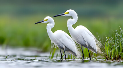 Fototapeta premium Two egrets in wetland, green background, nature scene, wildlife photography