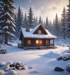 Fototapeta premium Snowy forest landscape with a cabin and fireplace in the distance, rustic charm, snowy forest, peaceful scene