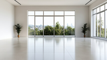 Spacious minimalist apartment with large windows and greenery view