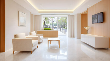 Fototapeta premium Modern minimalist waiting room, bright sunlight, city view, peaceful atmosphere, ideal for healthcare or business