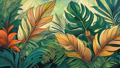 Vibrant Tropical Foliage Illustration A Lush Jungle Oasis teeming with Exotic Flora and Rich Greens, bathed in the Golden Hour Light.