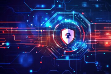 Futuristic Cybersecurity Concept with Shield Icon and Digital Circuit Elements Representing Data Protection and Online Security Measures in a Virtual Environment