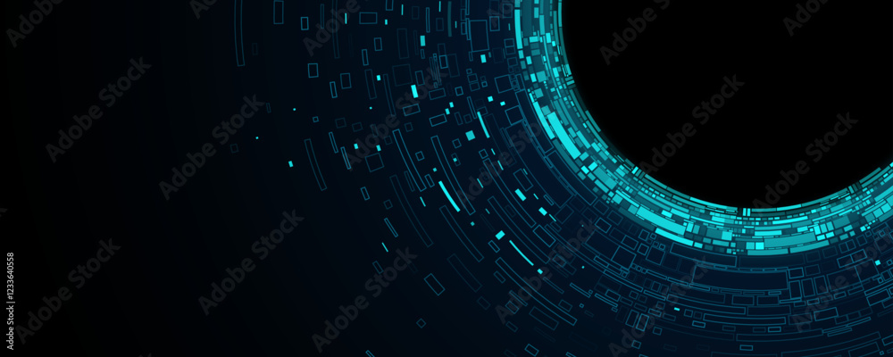 Poster big data visualization. swirling digital circles with disintegration web fragments. futuristic backg