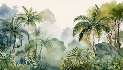 Vibrant Tropical Forest Scene Captured in a Watercolor Painting, Ideal for Wall Art, Home Decor, or Design Inspiration