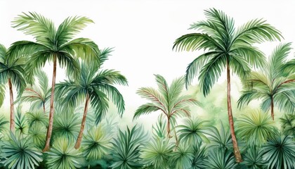 Vibrant Watercolor Tropical Forest Seamless Border Lush Palm Trees and Jungle Scene in a Repeating Wallpaper Design, Ideal for Digital Art, Home Decor, or Design Inspiration.