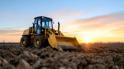 Obraz premium Loader preparing field at sunset, rural landscape