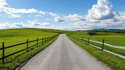 peaceful countryside road surrounded by lush green fields and blue skies