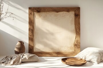 Square wooden frame mockup in a minimalist room with beige textiles and pottery.