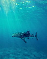 Fototapeta premium Fantastic and dreamy landscape pictures in high quality. Underwater. A gradation of pale blue and white. In the distance, a whale shark swims gracefully with a calm expression on its face.