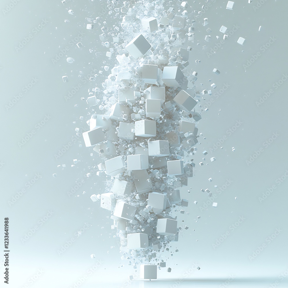 Fototapete abstract 3d render: exploding white cubes cascade