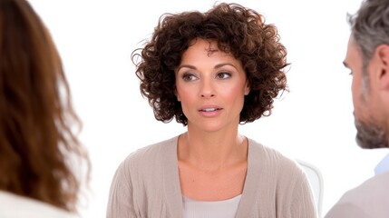 Engaging Conversation Between Professionals in a Discussion Setting with a Thoughtful Woman