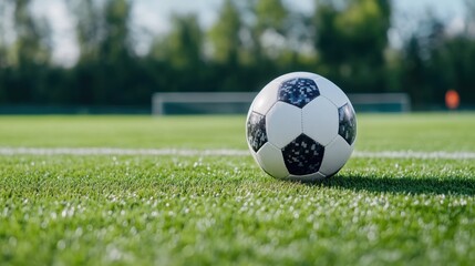 Close-up of a soccer ball on a vibrant green field with an out-of-focus goalpost in the background during daytime