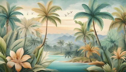 Tranquil Tropical Landscape Wallpaper Design Pastel Palms and an OilPainted Ocean Backdrop, Evoking a Soft, Breezy Vibe for Your Space