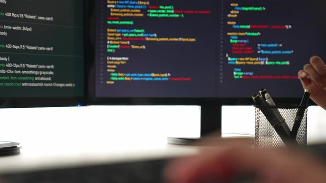Slow motion closeup hand, back end software developer engineer for computer programming working together on debugging writing computing code, solving complex algorithms display on monitor. Burgeoning