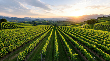 Naklejka premium serene vineyard landscape at sunrise, showcasing lush green rows and distant mountains