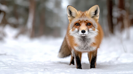 Obraz premium red fox standing in snow covered forest, looking curious and alert
