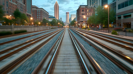 Obraz premium City train tracks at dusk, buildings background, travel