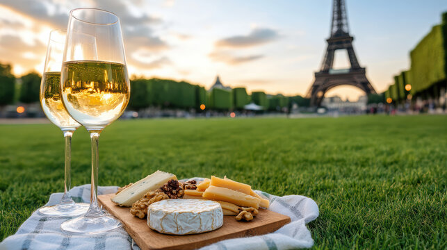 romantic picnic with wine and cheese near Eiffel Tower at sunset