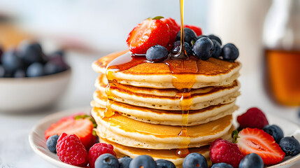A stack of pancakes with blueberries and strawberries drizzled with syrup