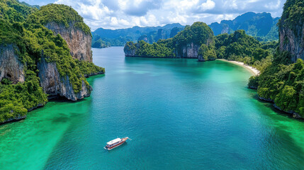 Obraz premium Aerial view of serene tropical bay with lush green cliffs and boat