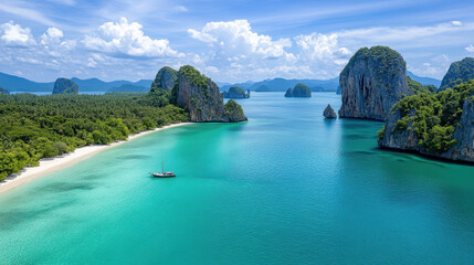 Obraz premium Aerial view of tropical beach with turquoise water and lush islands