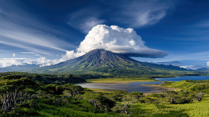 stunning view of active volcano in Bali surrounded by lush greenery and serene lake