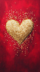 Fototapeta premium Golden sparkling particles forming abstract heart on red background create vibrant and romantic atmosphere, perfect for expressing love and affection