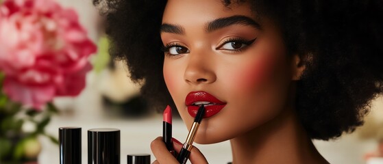 Woman applying lipstick with beauty products.