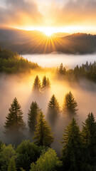 Golden sunrise over misty pine forest, creating serene atmosphere with soft warm light illuminating trees and fog. breathtaking natural landscape
