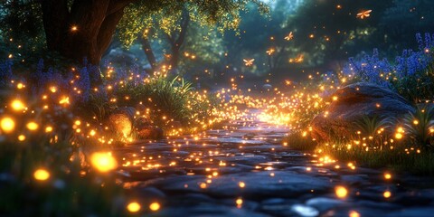 Naklejka premium Enchanted Firefly Forest Path: A Magical Night