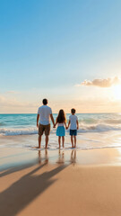 Happy family enjoying beach vacation, walking hand in hand along shore, with waves gently lapping at their feet under bright blue sky
