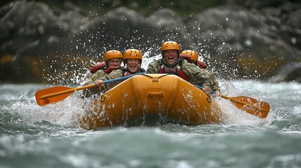 Fototapeta premium River rafting adventure, group smiling, splashing water, scenic background, action shot