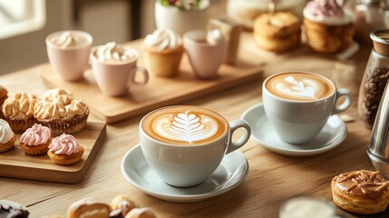 Fototapeta premium Delicious coffee with pastries on a wooden table.