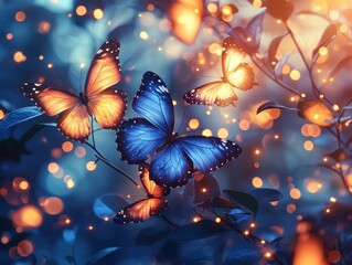 Vibrant butterflies flutter among glowing lights in a dreamy atmosphere.