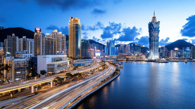stunning view of Macau Cotai Strip at dusk, showcasing vibrant city lights and architecture