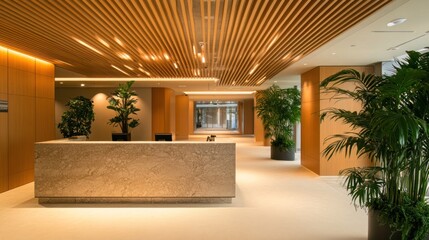 Fototapeta premium Modern office reception area with marble desk, wood paneling, and plants.