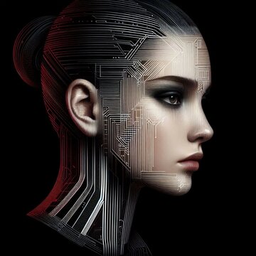 High-tech girl. Concept of AI of the future, wearable AI devices. Cybernetic of the future.