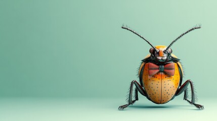 A 3D-rendered leather bug wearing a bow tie, standing on a pale green gradient 